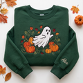 Personalized Halloween Ghost Pumpkins Fall Leaves Vines embroidered sweatshirt — front view