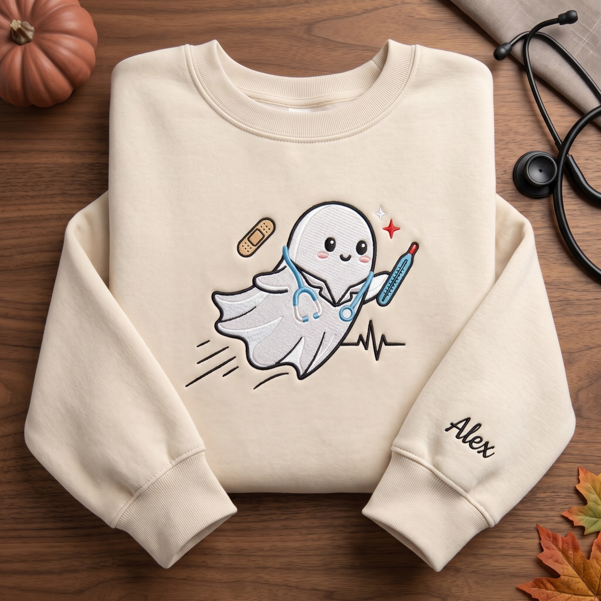 Personalized Halloween Nurse Ghost Stethoscope Thermometer Heartbeat embroidered sweatshirt — front view