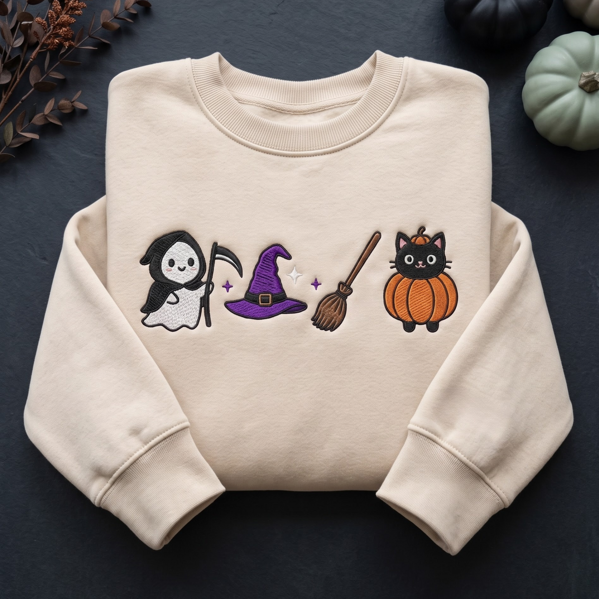 Halloween Cute Grim Reaper Ghost Witch Hat Broom Pumpkin Cat embroidered sweatshirt — front view