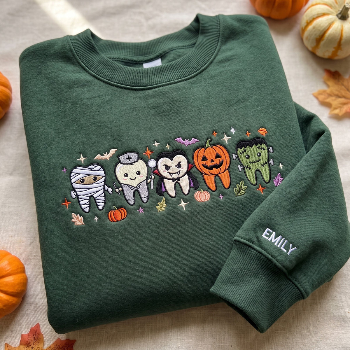 Personalized Halloween Dental Tooth Mummy Vampire Pumpkin Frankenstein embroidered sweatshirt — front view