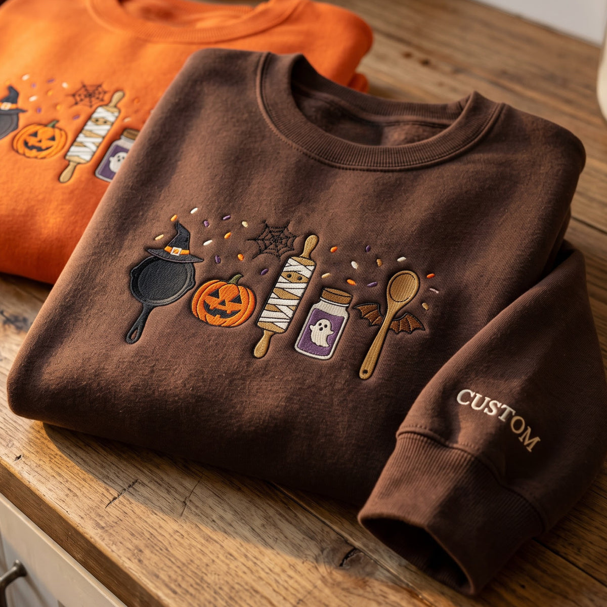 Personalized Halloween Baking Skillet Pumpkin Rolling Pin Ghost Jar Spoon embroidered sweatshirt — front view