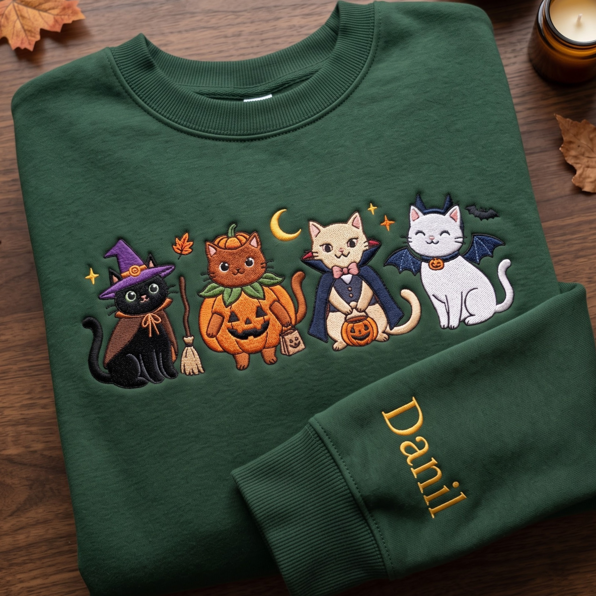 Personalized Halloween Cats Witch Pumpkin Vampire Bat Costume embroidered sweatshirt — front view