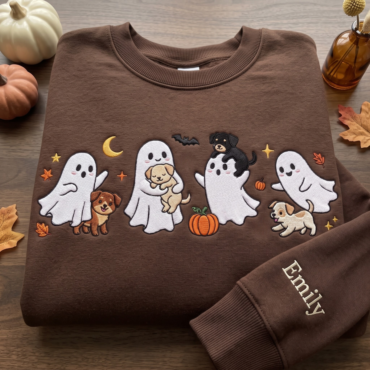 Personalized Halloween Ghost Dogs Pumpkin Bat Moon Autumn Leaves embroidered sweatshirt — front view