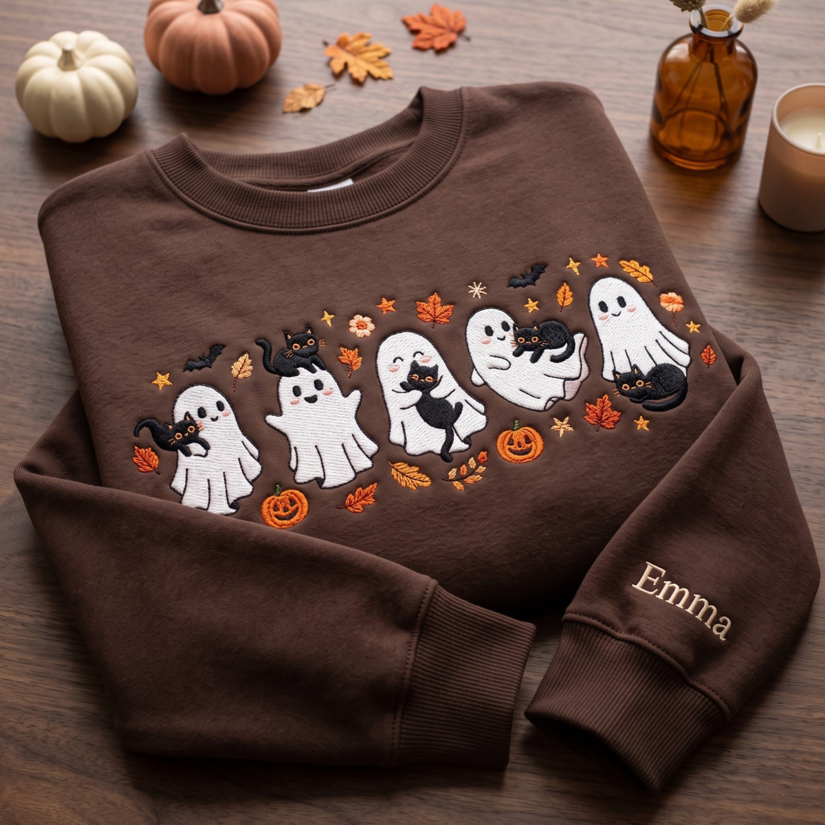 Personalized Halloween Ghost Black Cats Pumpkin Bat Autumn Leaves embroidered sweatshirt — front view