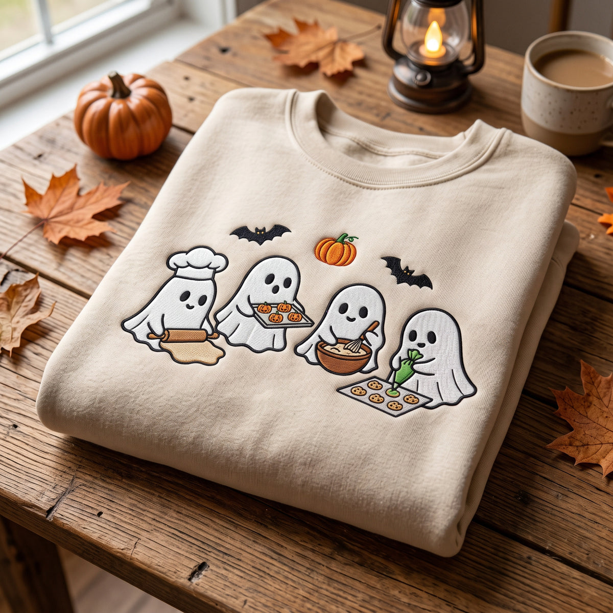 Halloween Ghost Baking Cookies Pumpkin Bats Cute Spooky embroidered sweatshirt — front view