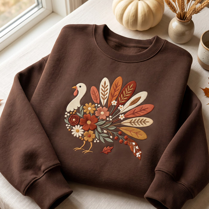 Thanksgiving Floral Turkey Autumn Leaves Wildflowers Embroidered Sweatshirt