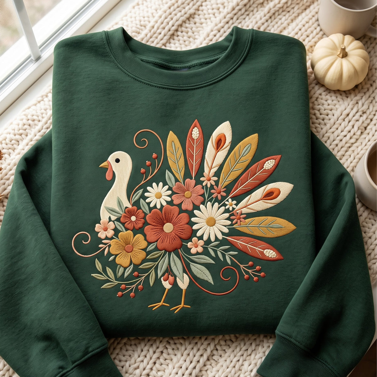 Floral Turkey Thanksgiving Wildflower Boho embroidered sweatshirt — front view
