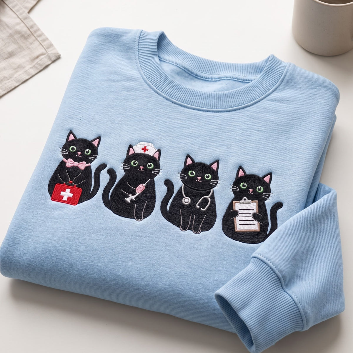 Nurse Black Cats Medical Kit Stethoscope Clipboard embroidered sweatshirt — front view
