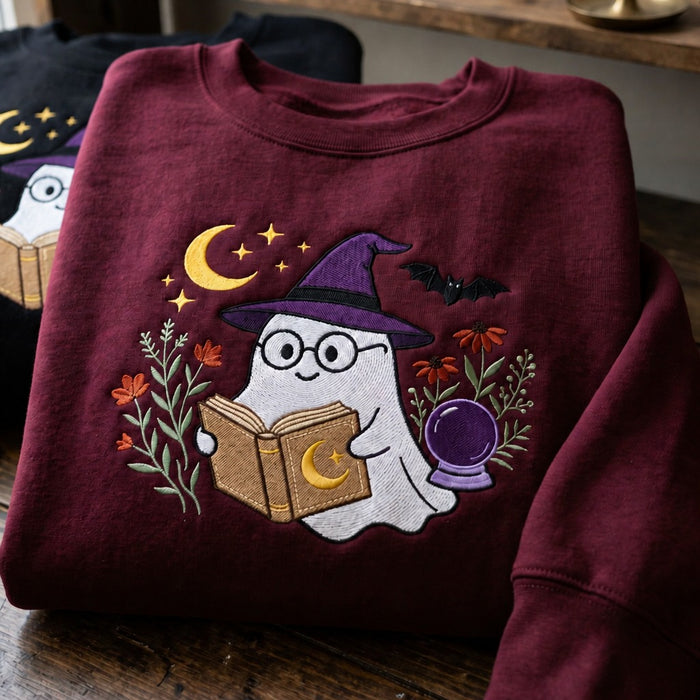 Halloween Ghost Witch Hat Reading Book Crystal Ball Wildflowers Bat Moon Embroidered Sweatshirt