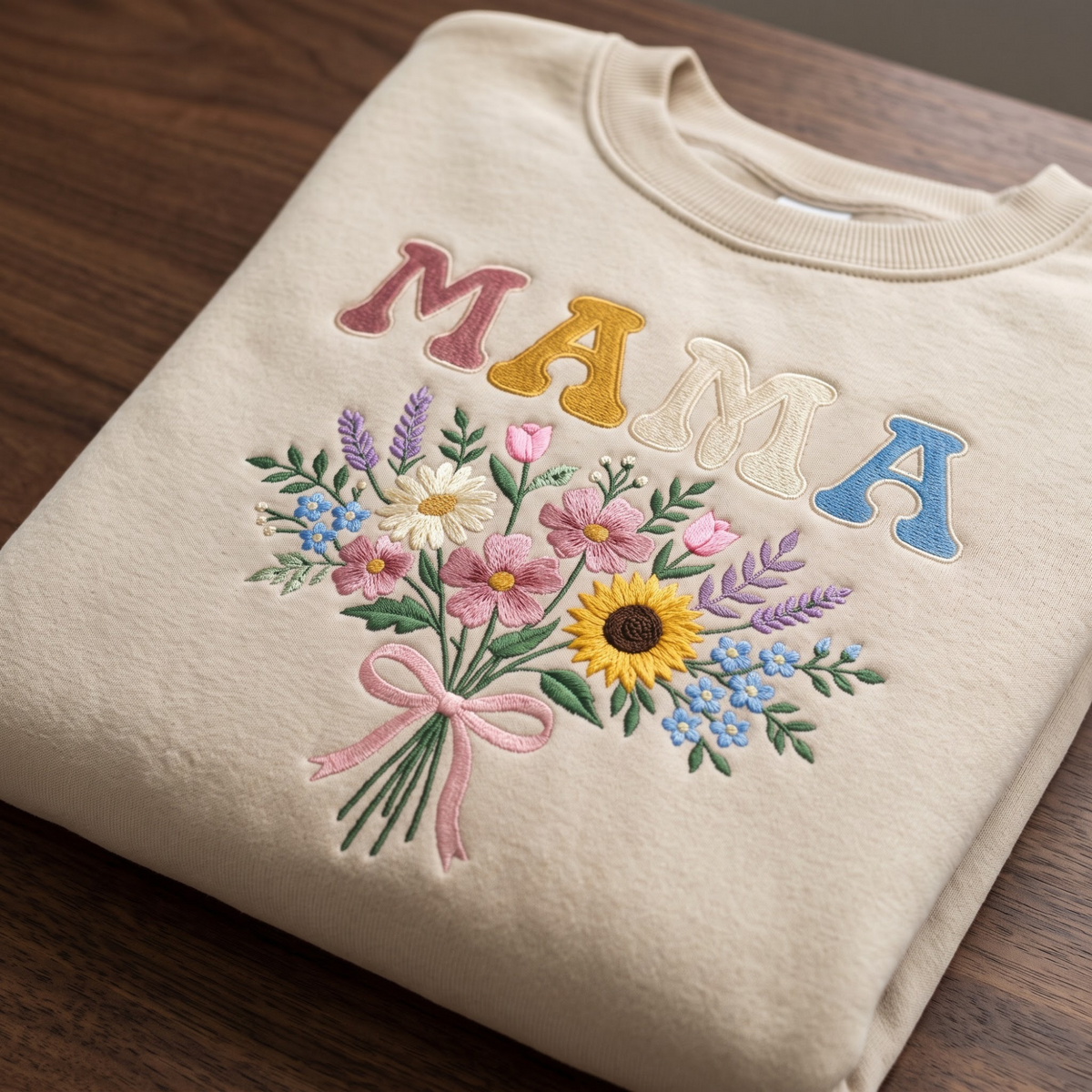 Mama Wildflower Bouquet Sunflower Daisy Lavender Colorful Letters embroidered sweatshirt — front view