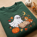 Halloween Ghost Reading Book Pumpkin Dog Autumn Leaves embroidered sweatshirt — front view