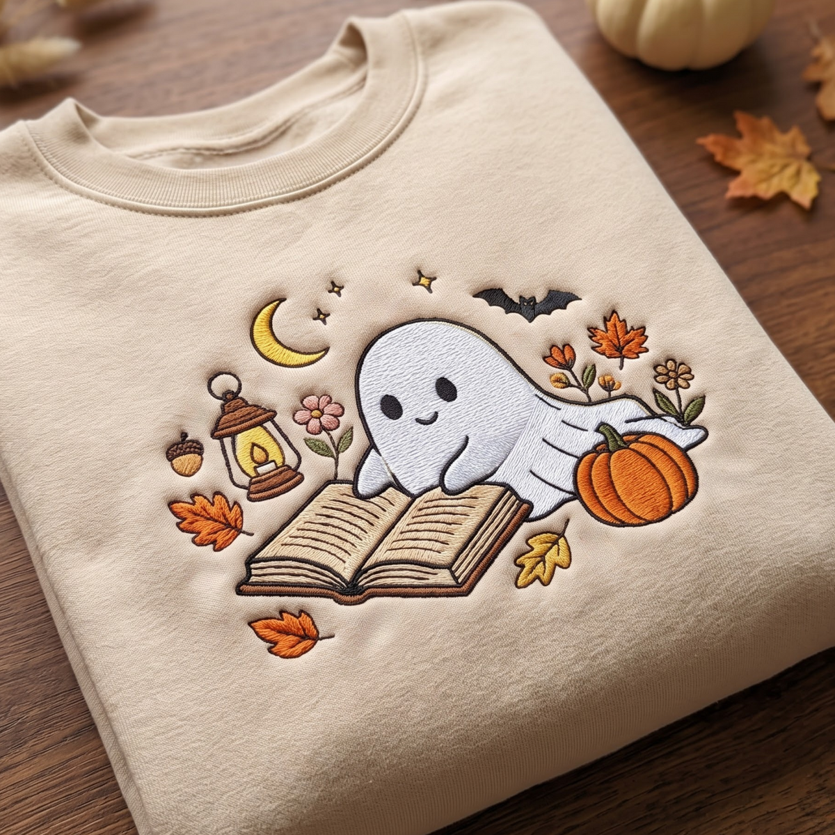 Halloween Ghost Reading Book Lantern Pumpkin Autumn Leaves Bat Moon embroidered sweatshirt — front view