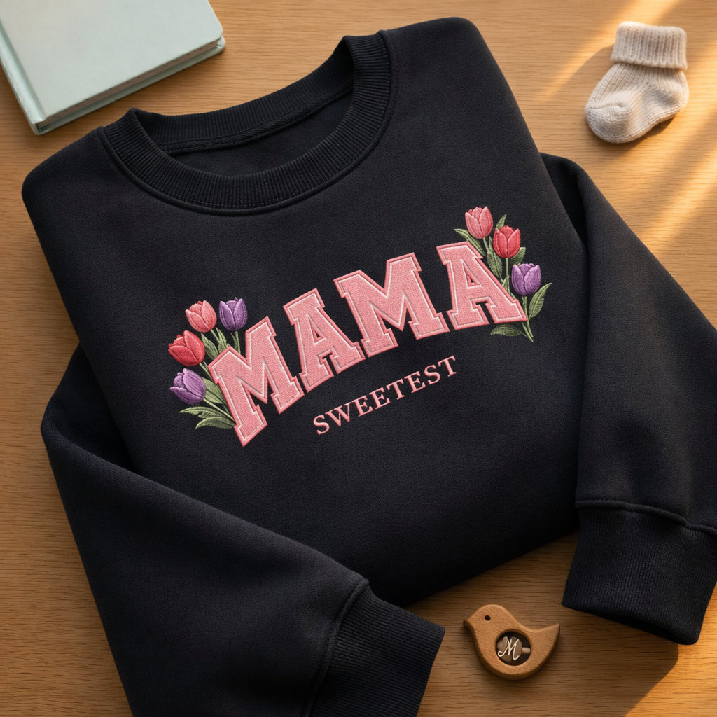 Sweetest Mama Tulip Floral Varsity Letter embroidered sweatshirt — front view