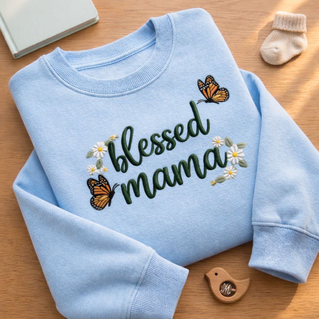 Blessed Mama Monarch Butterfly Daisy Floral embroidered sweatshirt — front view