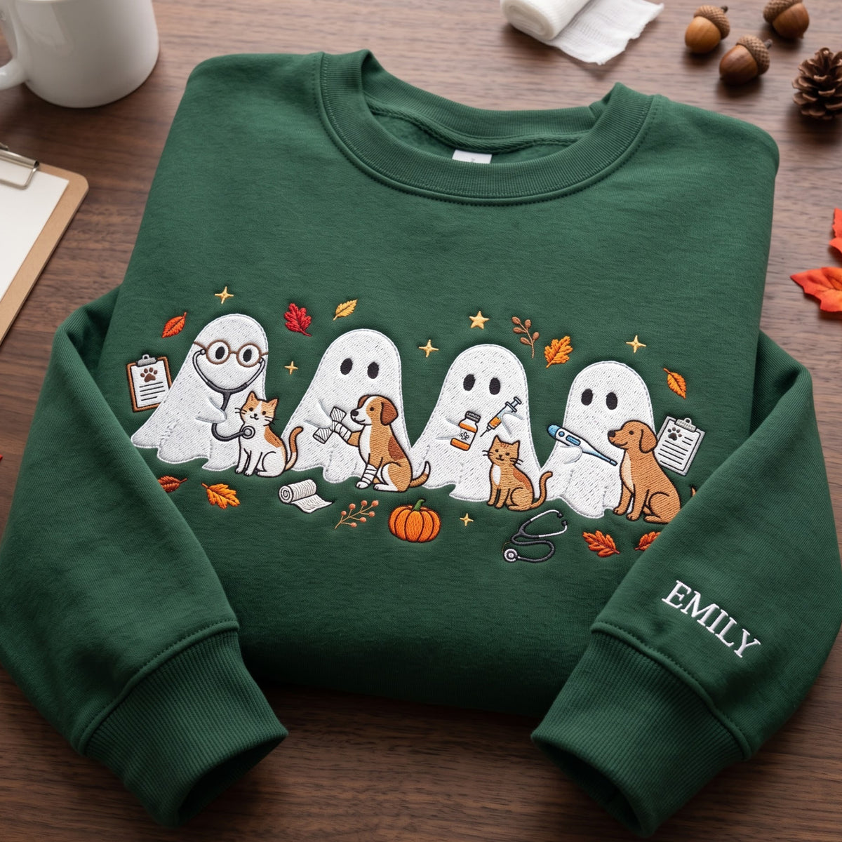 Personalized Halloween Ghost VET Tech Fall Leaves Pumpkin Cats Dogs embroidered sweatshirt — front view