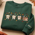 Personalized Fall Autumn Dentist Cute Tooth Characters Dental Tools Leaves embroidered sweatshirt — front view