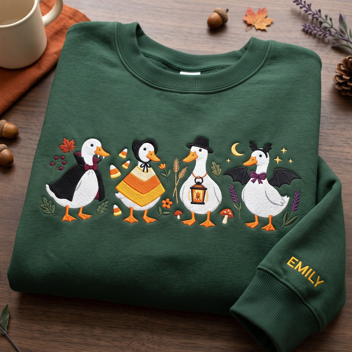 Personalized Halloween Geese Costumes Vampire Candy Corn Witch Bat Floral embroidered sweatshirt — front view