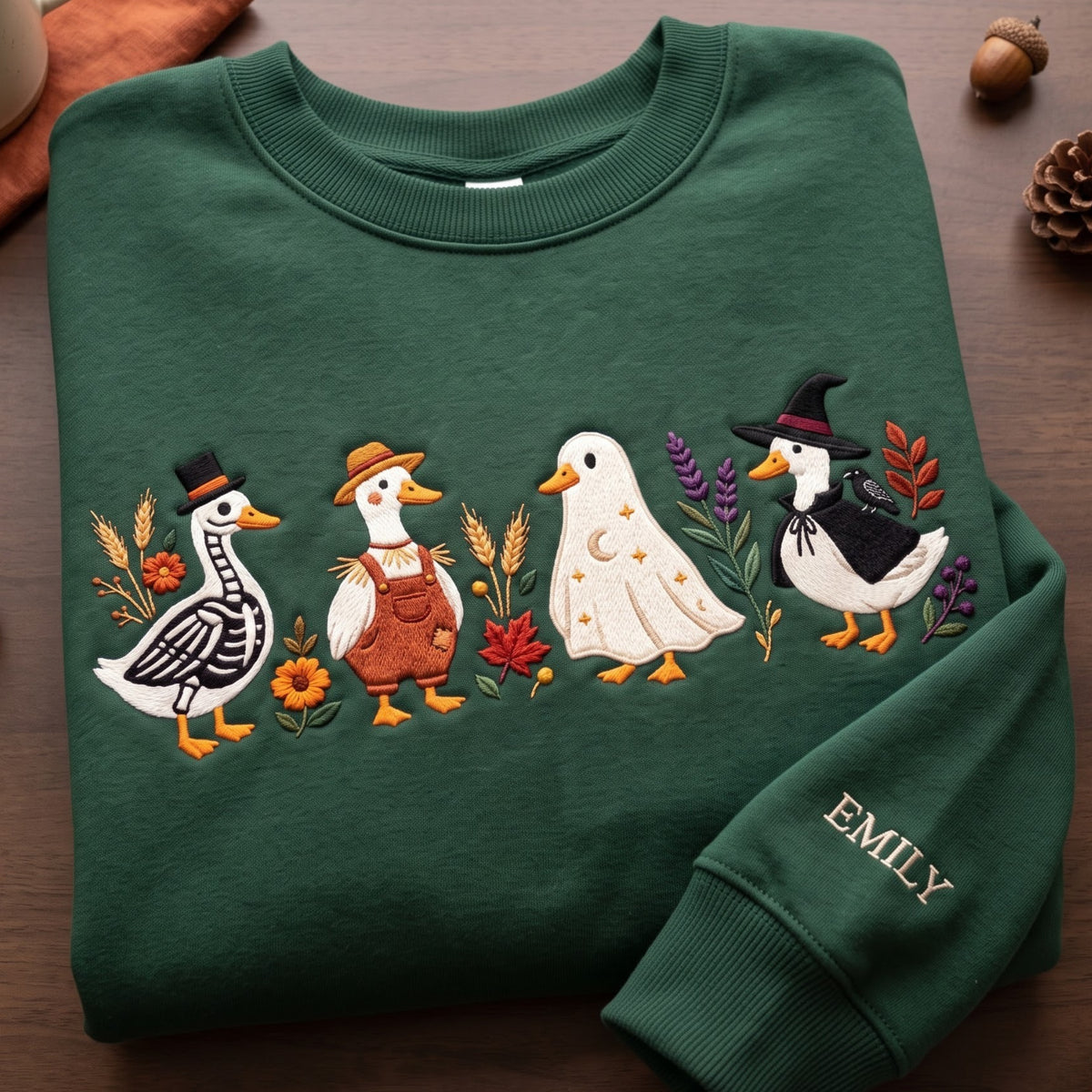 Personalized Halloween Geese Costumes Skeleton Scarecrow Ghost Witch Floral embroidered sweatshirt — front view