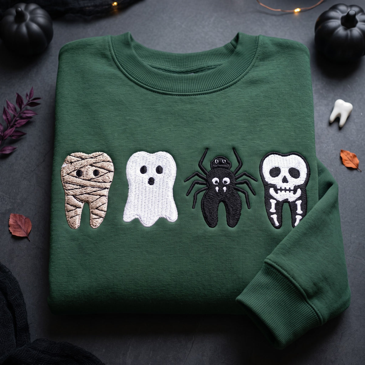 Halloween Dentist Mummy Ghost Spider Skeleton Tooth embroidered sweatshirt — front view