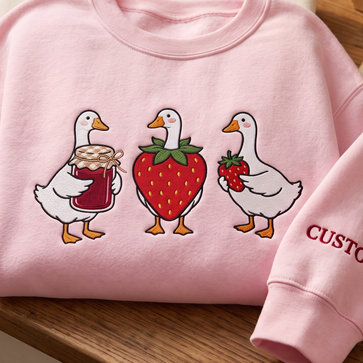Personalized Strawberry Goose Trio Jam Jar Cute Duck embroidered sweatshirt — front view