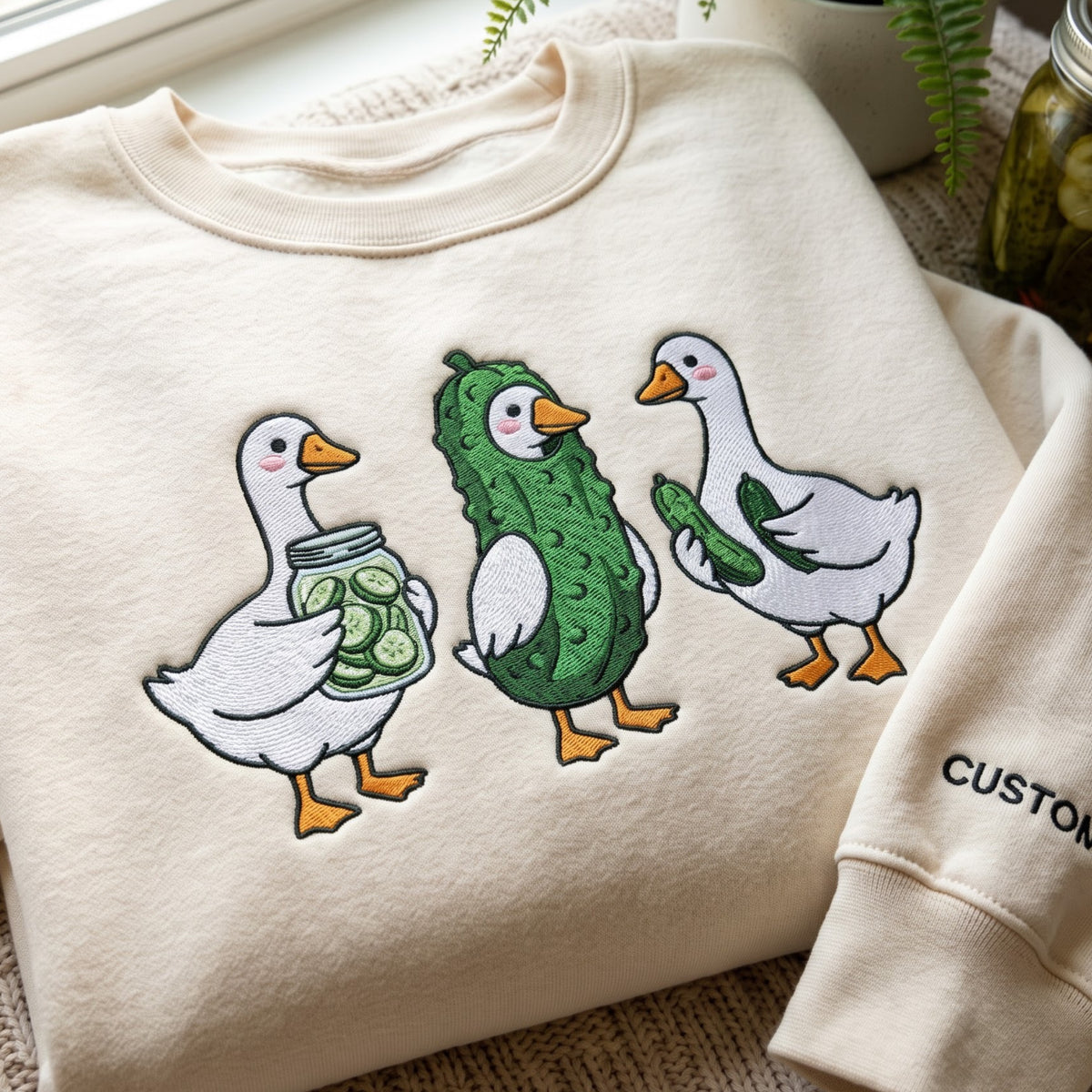 Personalized Pickle Goose Trio Pickle Jar Cute Duck embroidered sweatshirt — front view