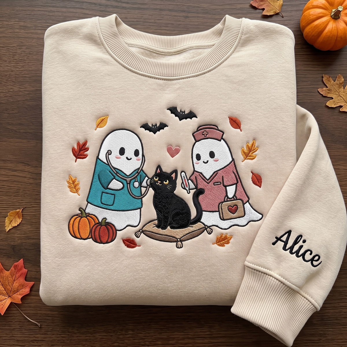 Personalized Halloween Ghost Nurse Doctor Black Cat Pumpkin Bats embroidered sweatshirt — front view