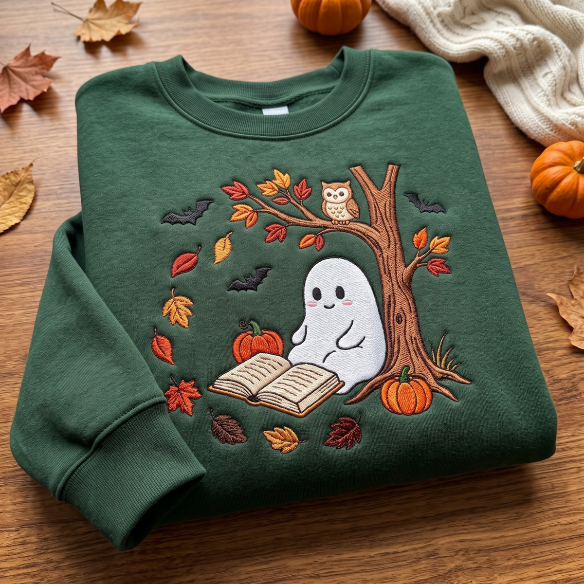 Halloween Ghost Reading Book Autumn Tree Owl Pumpkin Bats Fall Leaves embroidered sweatshirt — front view