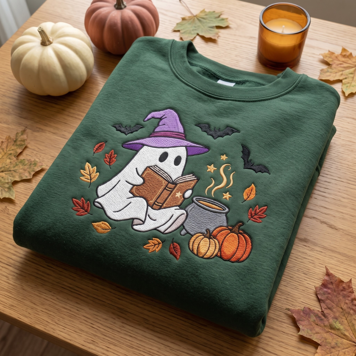 Halloween Ghost Witch Hat Reading Book Cauldron Pumpkin Bats Fall Leaves embroidered sweatshirt — front view