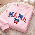 Mama American Stars Stripes Cherry Bow Patriotic embroidered sweatshirt — front view