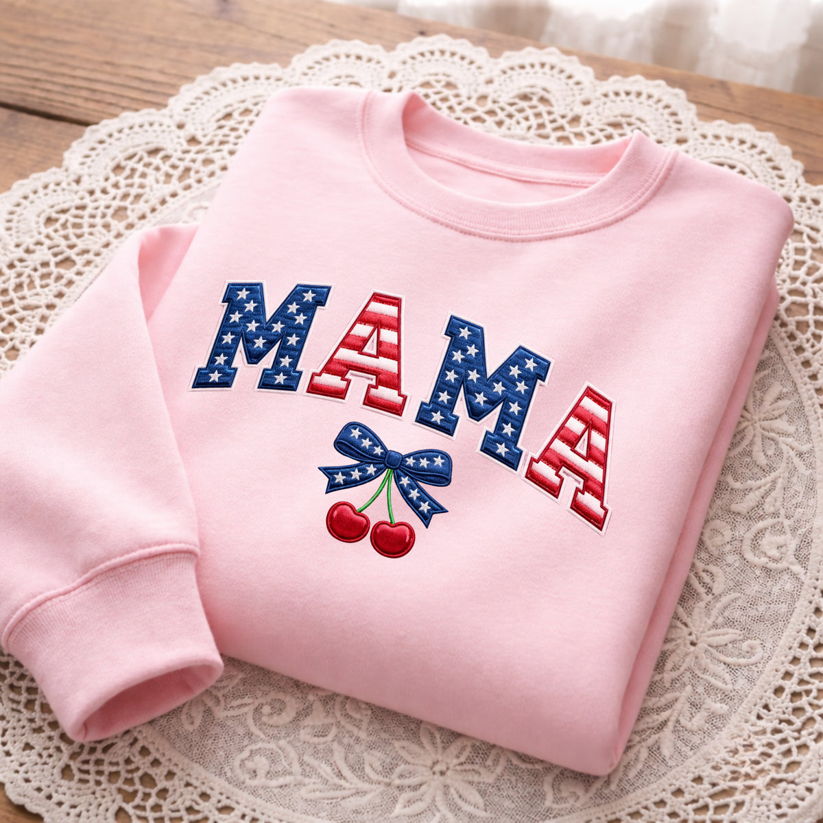 Mama American Stars Stripes Cherry Bow Patriotic embroidered sweatshirt — front view