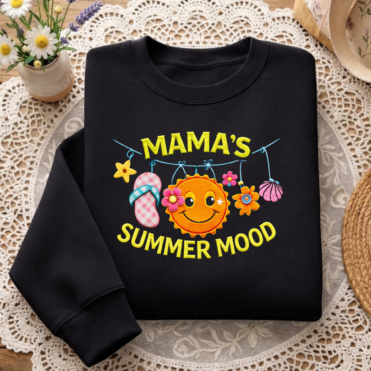 Mama's Summer Mood Sunshine Smiley Face Flip Flop Seashell embroidered sweatshirt — front view