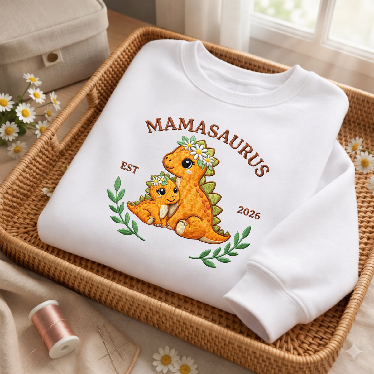 Personalized Mamasaurus Mom Dinosaur Baby Floral Daisy EST 2026 embroidered sweatshirt — front view