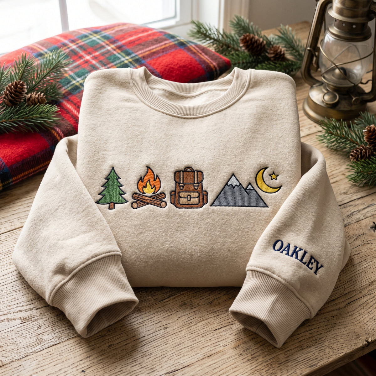 Personalized Camping Pine Tree Campfire Backpack Mountain Moon embroidered sweatshirt — front view