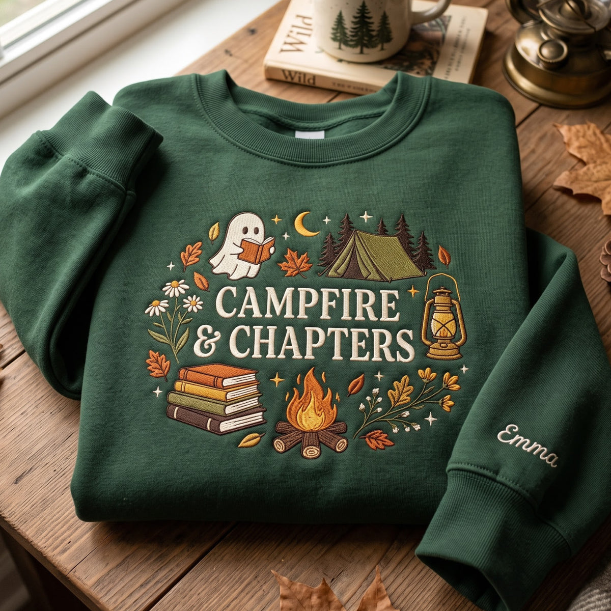 Personalized Campfire & Chapters Ghost Reading Book Camping Fall embroidered sweatshirt — front view