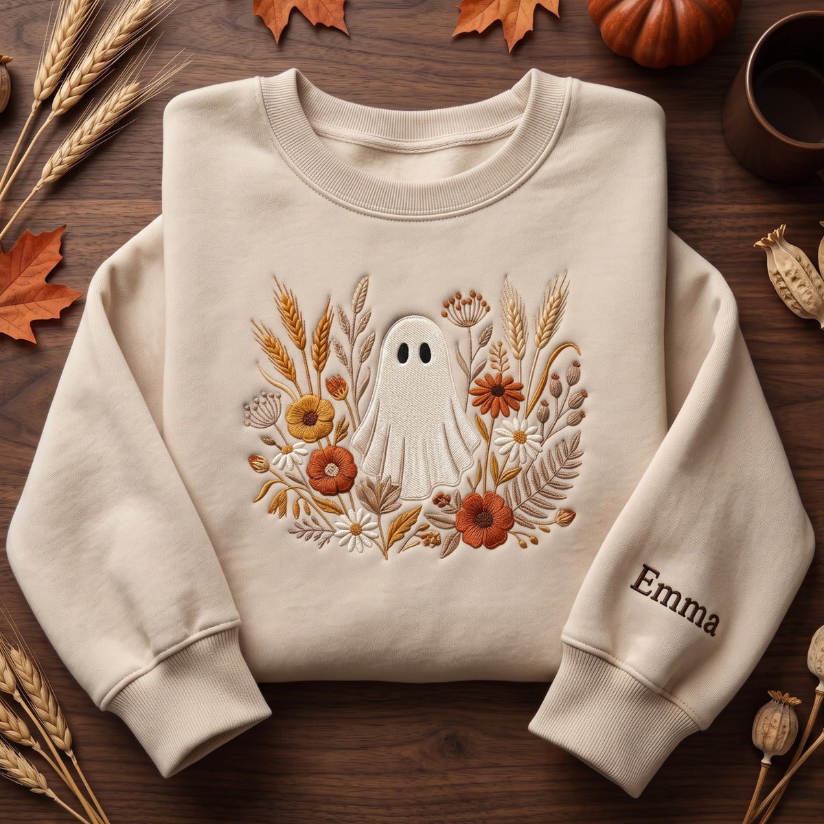 Personalized Halloween Ghost Wildflower Botanical Fall Sleeve Name embroidered sweatshirt — front view