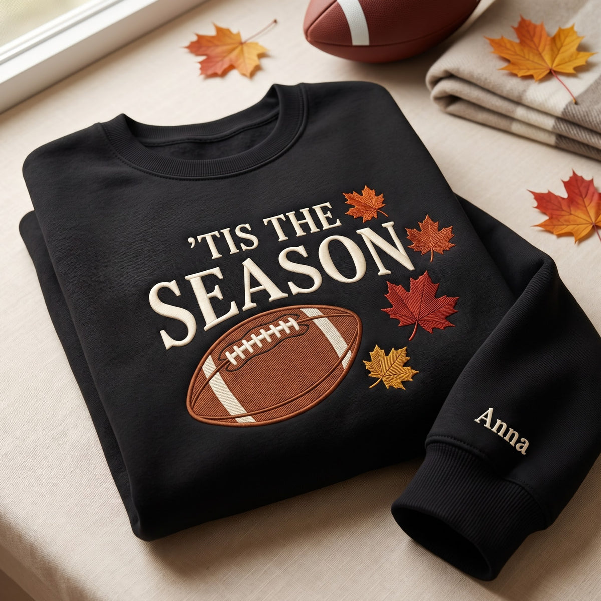Personalized 'tis the Season Football Fall Maple Leaves Sleeve Name embroidered sweatshirt — front view
