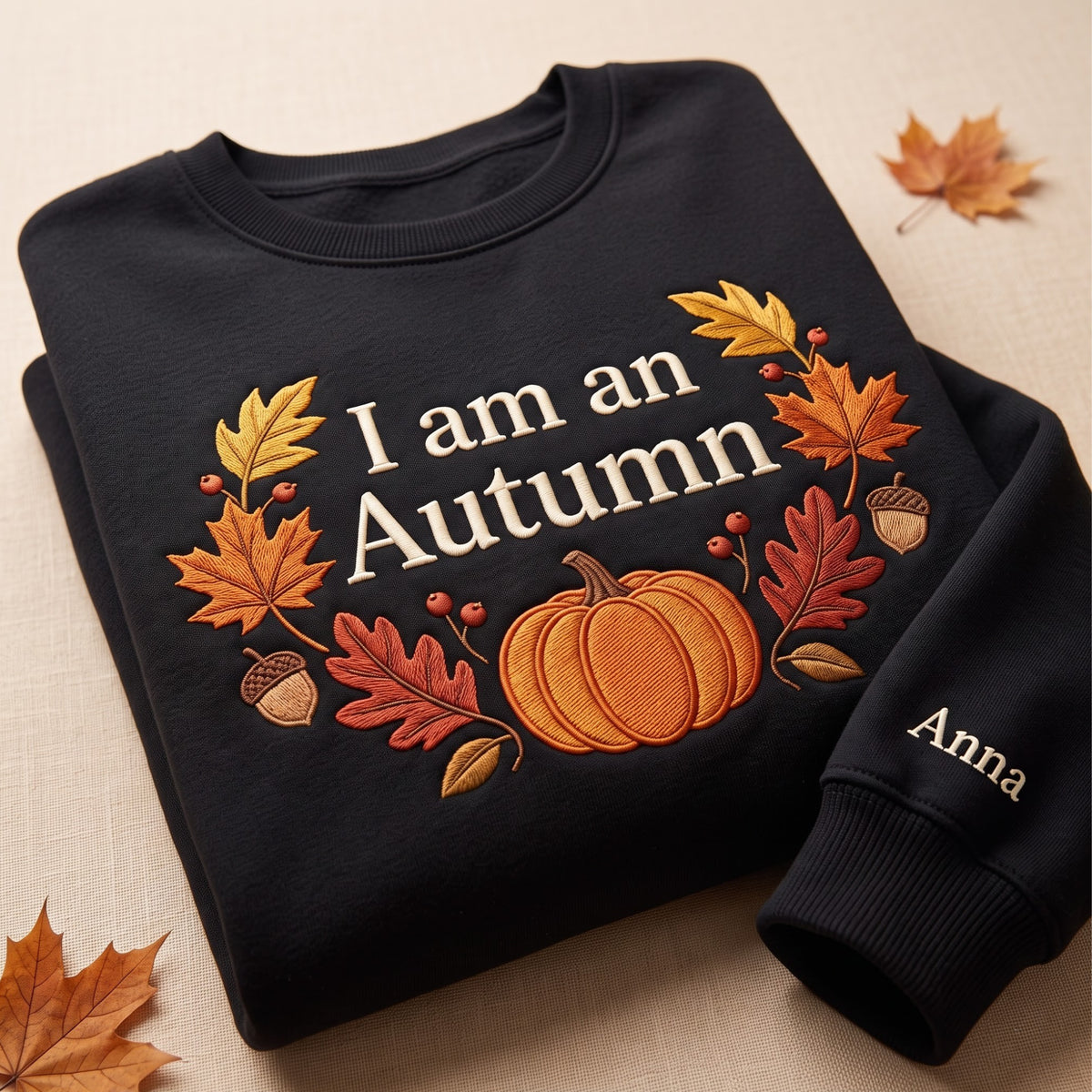 Personalized I Am an Autumn Pumpkin Fall Leaves Acorn embroidered sweatshirt — front view