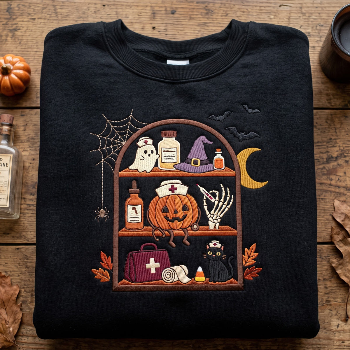 Halloween Nurse Pumpkin Spooky Bookshelf Ghost Black Cat Skeleton Hand embroidered sweatshirt — front view