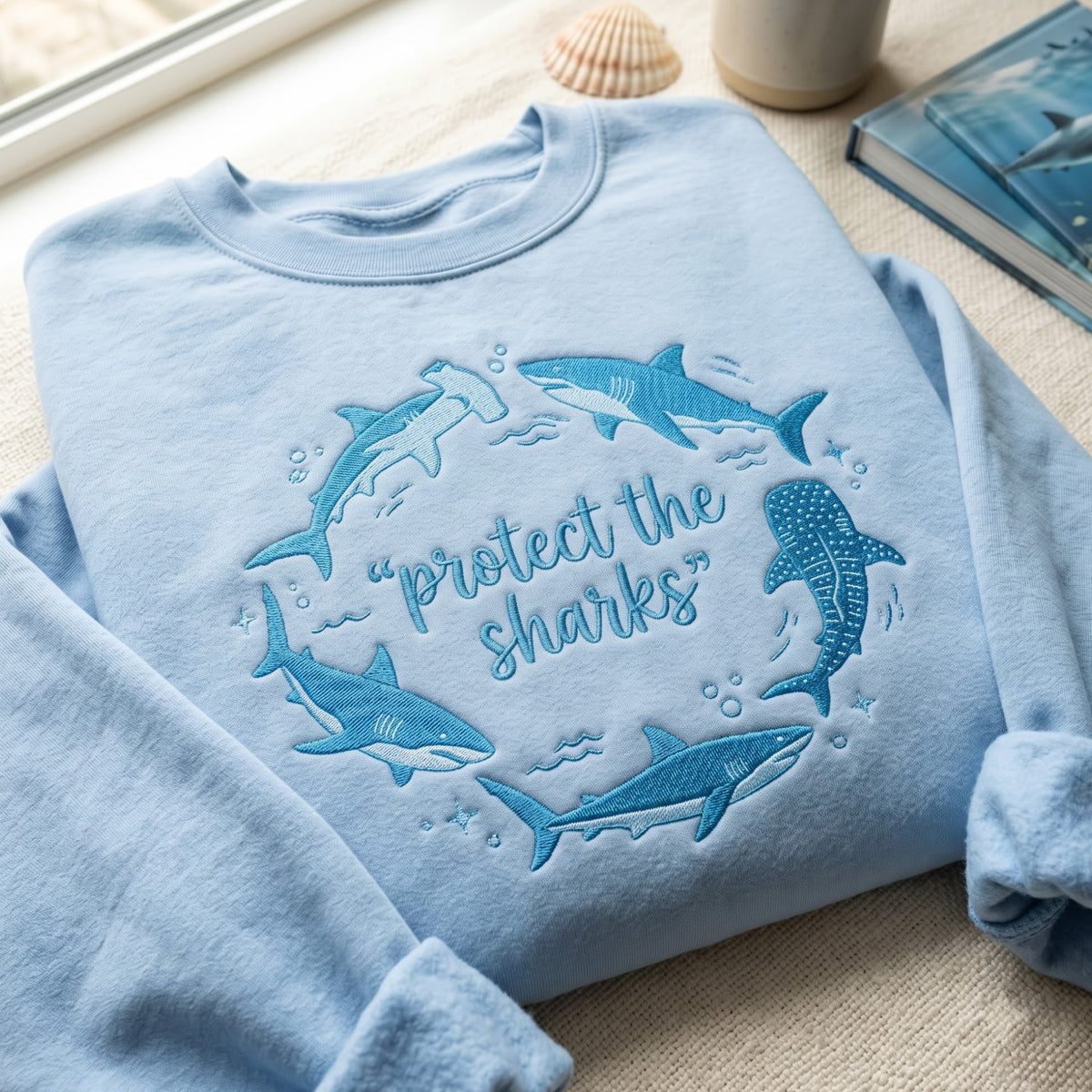 Protect the Sharks Circle Ocean Wildlife Conservation embroidered sweatshirt — front view