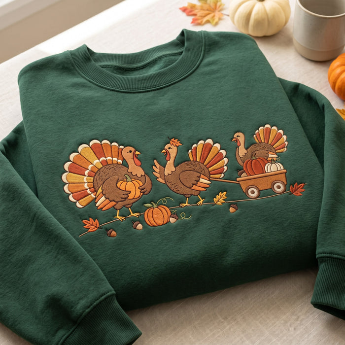 Three Turkeys Pumpkin Wagon Fall Leaves Acorns Thanksgiving Embroidered Sweatshirt