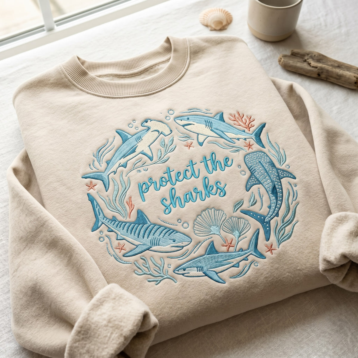 Protect the Sharks Ocean Wildlife Wreath embroidered sweatshirt — front view