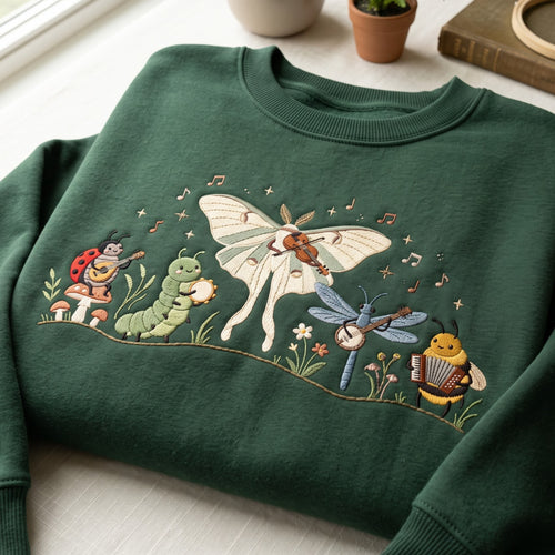 Bug Band Luna Moth Ladybug Caterpillar Dragonfly Bee Music Cottagecore embroidered sweatshirt — front view