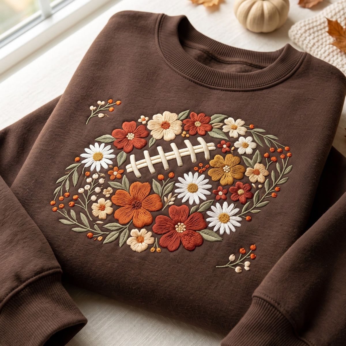 Floral Football Wildflower Bouquet Fall Autumn embroidered sweatshirt — front view