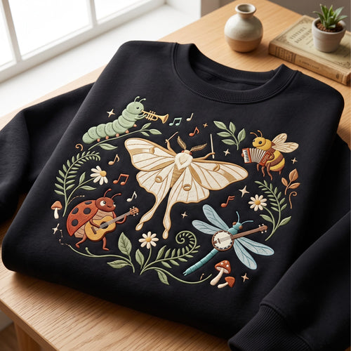 Bug Band Moth Conductor Ladybug Dragonfly Bee Caterpillar Music Botanical embroidered sweatshirt — front view