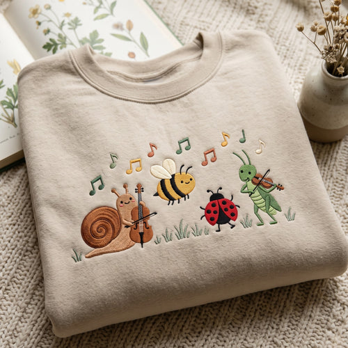 Bug Band Snail Bee Ladybug Grasshopper Music Notes Cute Insect Orchestra embroidered sweatshirt — front view