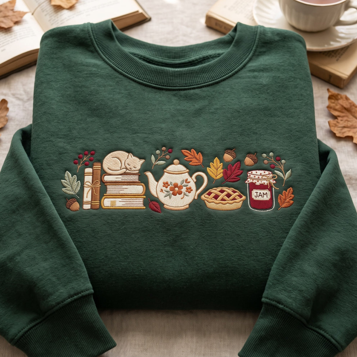 Autumn Books Teapot Pie Jam Cat Cozy Fall Vibes embroidered sweatshirt — front view