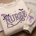 Halloween Nurse Witch Hat Stethoscope Bat Stars Caduceus Sleeve embroidered sweatshirt — front view