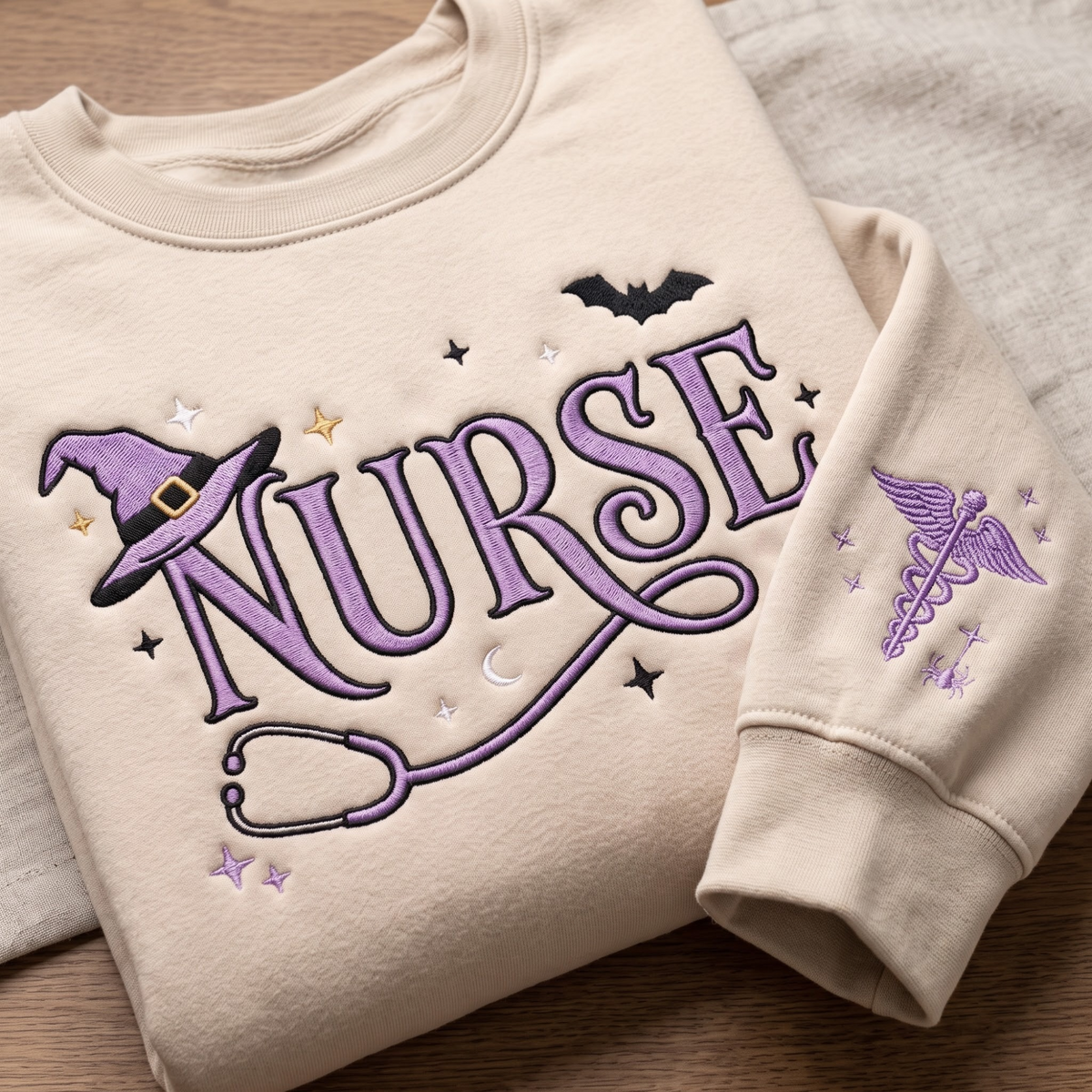 Halloween Nurse Witch Hat Stethoscope Bat Stars Caduceus Sleeve embroidered sweatshirt — front view