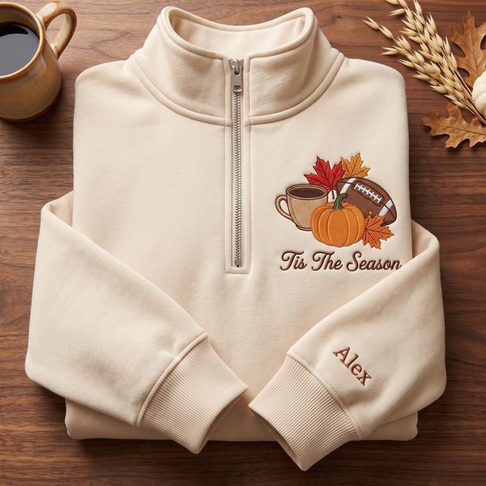 Personalized Tis the Season Fall Pumpkin Coffee Football Leaves Embroidered Quarter-Zip