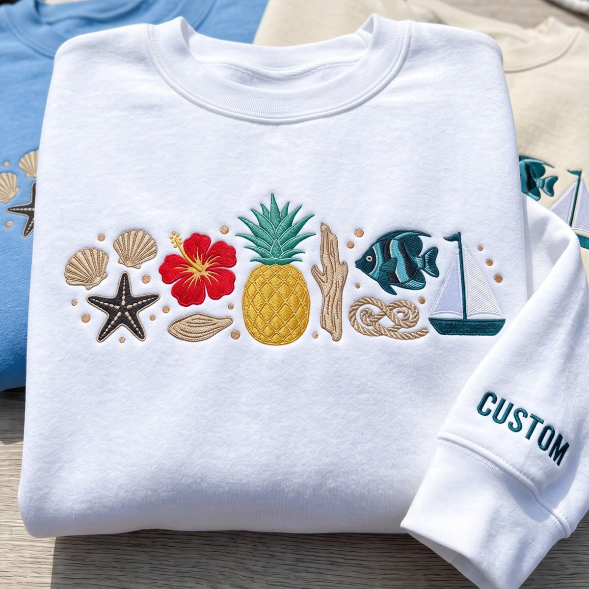 Personalized Tropical Beach Seashell Starfish Hibiscus Pineapple Fish Sailboat embroidered sweatshirt — front view
